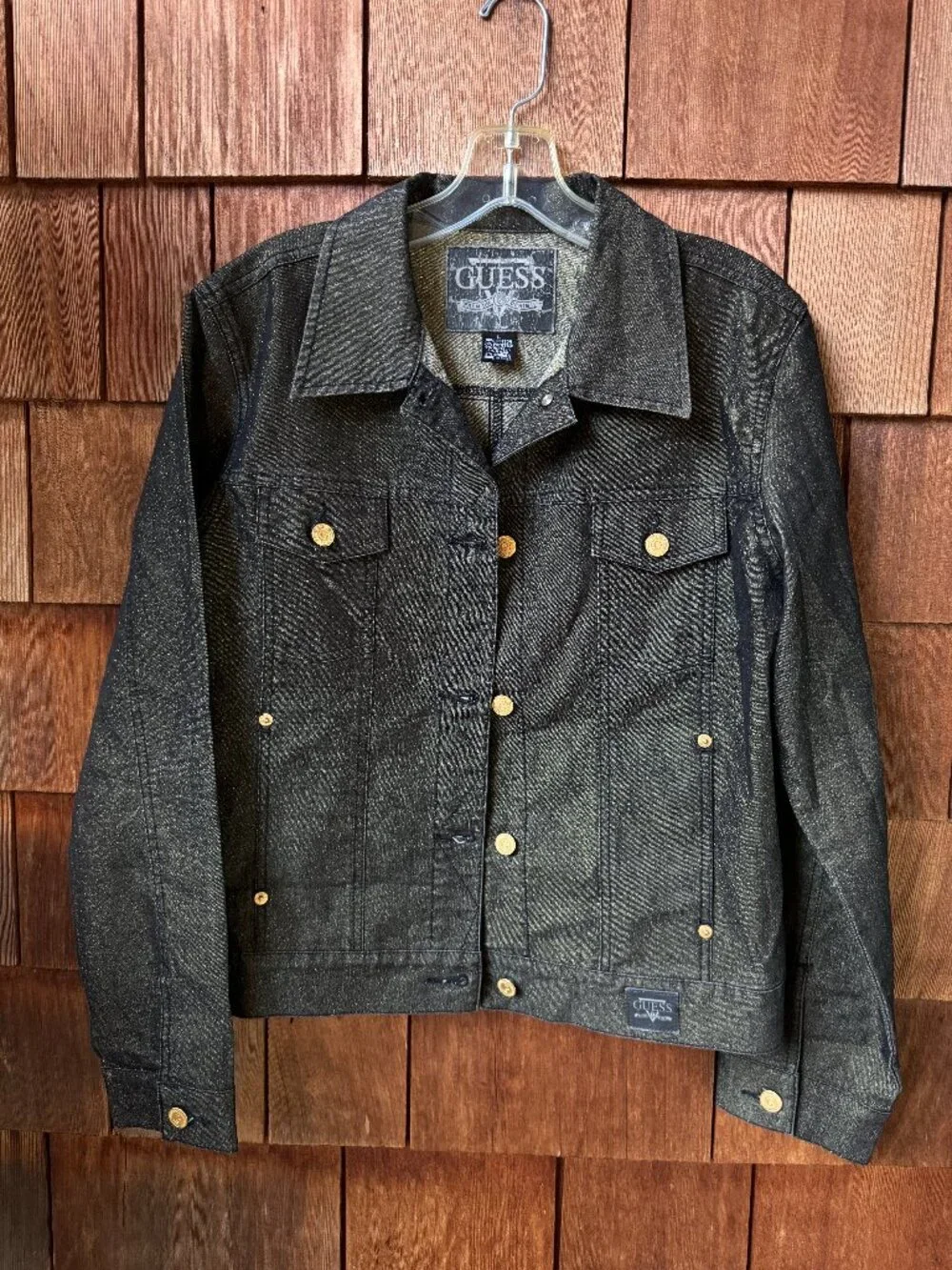 Vintage GUESS Metallic Gold Thread Black Denim Trucker Jacket in Women's Large